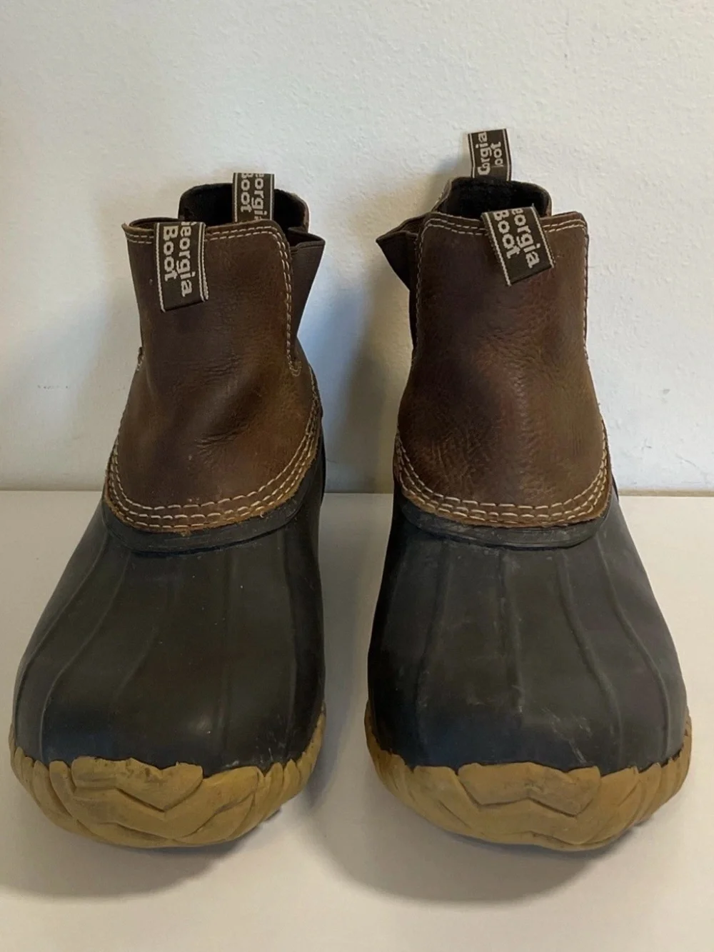 Georgia Boot Brown Leather and Black Rubber Duck Boots with Tan Soles Size 8